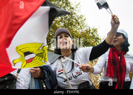 Whitehall, London, November 5th 2015. Pro Sisi demonstrators and counter protesters from UK Egyptian and human rights groups shout each other down outside Downing Street ahead of Egypt’s President Abdel Fatah al-Sisi visiting Prime Minister David Cameron at No. 10. PICTURED: Sisi supporters cheer and wave their banners and flags. Credit:  Paul Davey/Alamy Live News Stock Photo