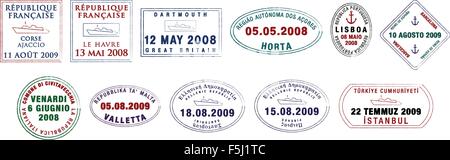 A collection of stylised vector European passport stamps on a white background. Stock Vector