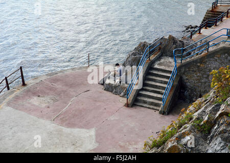 Man playing guitar with pet Jack Russell dog on rocks at sea-level by Plymouth Hoe, Devon, England Stock Photo