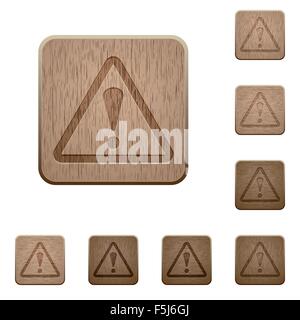 Set of carved wooden warning buttons. 8 variations included. Arranged layer structure. Stock Vector
