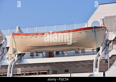 the large lifeboat aboard a cargo ship Stock Photo