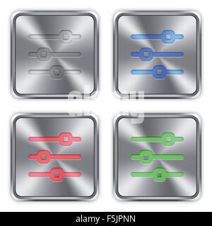 Color horizontal adjustment icons engraved in glossy steel push buttons. Well organized layer structure, color swatches and grap Stock Vector