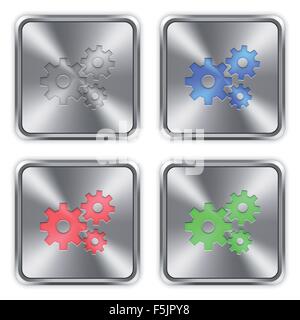 Color gears icons engraved in glossy steel push buttons. Well organized layer structure, color swatches and graphic styles. Stock Vector