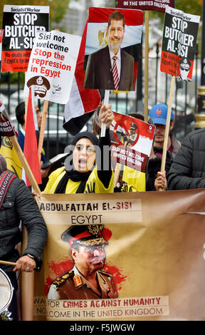 London, UK. 5th November, 2015. Demonstrators for and against President Sisi of Egypt protest in Whitehall awaiting his arrival in Downing Street to meet the Prime Minister - protesters against the president Credit:  PjrNews/Alamy Live News Stock Photo