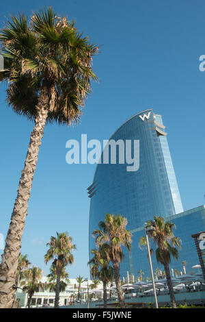 W,Hotel,W Hotel,Barcelona,view,beach,Eclipse,bar,W, Barcelona hotel (also known as Vela Hotel), Port area, Catalonia,Spain, Stock Photo