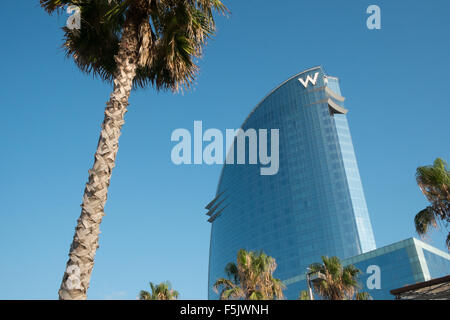 W,Hotel,W Hotel,Barcelona,view,beach,Eclipse,bar,W, Barcelona hotel (also known as Vela Hotel), Port area, Catalonia,Spain, Stock Photo