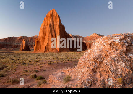 The Temples of the Sun and Moon and Glass Mountain in Cathedral Valley, Capitol Reef National Park, Utah Stock Photo