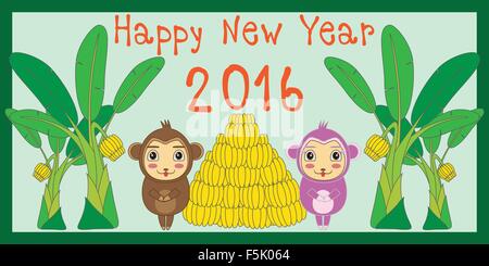 Happy new year; 2016 card over the red background, new year and christmas tree; 2016 year symbol; monkey; colored balls, banana Stock Vector