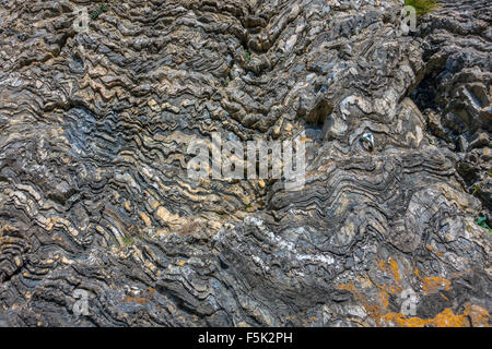 Folded gneiss rocks in pre-Alpine region, Briancon Stock Photo