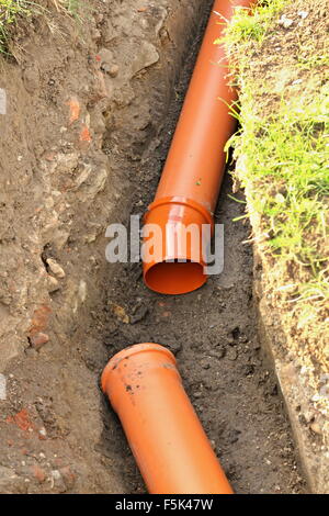 sewer construction - sewer connection in the turn (building domestic sewage) Stock Photo