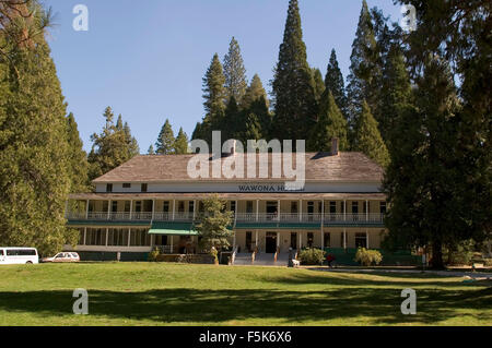 Dec 01, 2005; Wawona, CA, USA; the historic Wawona Hotel, built in 1876. Yosemite's Wawona Golf Course was the first regulation course in the Sierra Nevada when it opened in 1918 -- and has provided golfers challenging but rewarding rounds ever since. It was designed by Walter Fovargue to blend seamlessly into its spectacular surroundings. The nine-hole, par-35 course measures 3,050 yards and includes two par five holes and three par three holes. Different tee positions per side provide a par 70, 18-hole format. Golfers of every level enjoy the rolling terrain, variety of challenging holes and Stock Photo