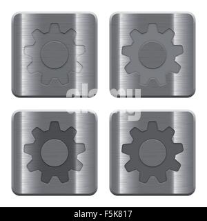 Set of Settings buttons vector in brushed metal style. Arranged layer, color and graphic style structure. Stock Vector