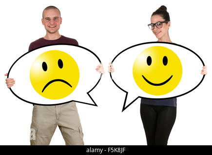 Young people man woman with happy smiley voting survey Stock Photo