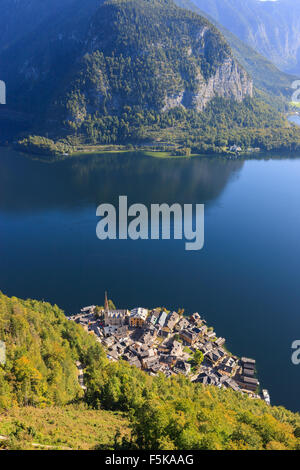 Aerial view on Hallstatt, in upper Austria is a village in the Salzkammergut, a region in Austria. Stock Photo