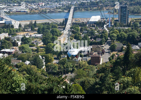 Portland, Oregon sky tram with aerial view of the city. Stock Photo