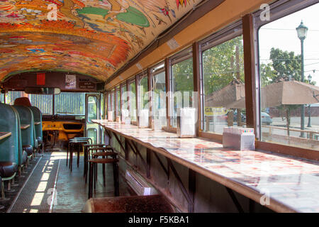 An old school bus converted into a diner. Stock Photo