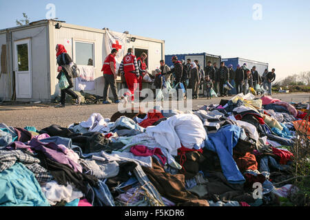 Berkasovo, Serbia. 31st Oct, 2015. A pile of donated clothes sits along the road approaching the Serbian-Croatian border. The United Nations says 210,000 asylum seekers transited through the Balkans in October in an effort to seek protection in Europe. © Luke William Pasley/Pacific Press/Alamy Live News Stock Photo