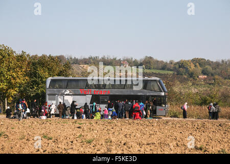 Berkasovo, Serbia. 01st Nov, 2015. A bus discharges asylum seekers 5km from the Serbian-Croatian border. The United Nations says 210,000 asylum seekers transited through the Balkans in October in an effort to seek protection in Europe. © Luke William Pasley/Pacific Press/Alamy Live News Stock Photo