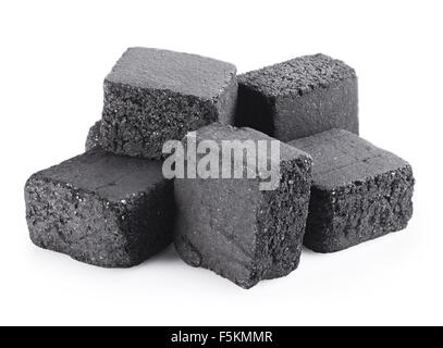 Group of charcoal cubes isolated on white background. Clipping Path Stock Photo