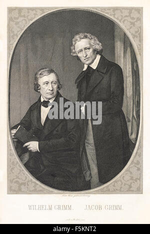 Portrait of the Brothers Grimm, Wilhelm Grim (1786-1859) seated, Jacob Grimm  (1785-1863) standing; steel engraving by Lazarus Gottlieb Sichling (1812-1863) from an early photograph taken in 1847. See description for more information. Stock Photo