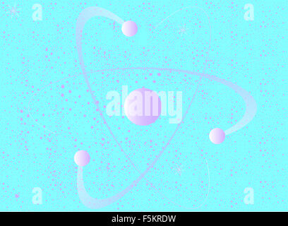 Abstract atom with three orbiting electrons and their path over an abstract  background Stock Photo