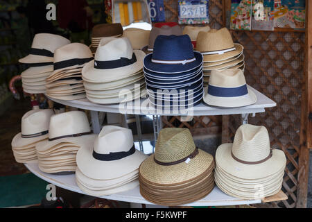 Panama hats and other summer straw hats on display in a shop in Positano on the Amalfi Coast, Campania, Italy Stock Photo