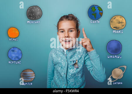 raised index finger pointing up teenage girl planets of the sola Stock Photo