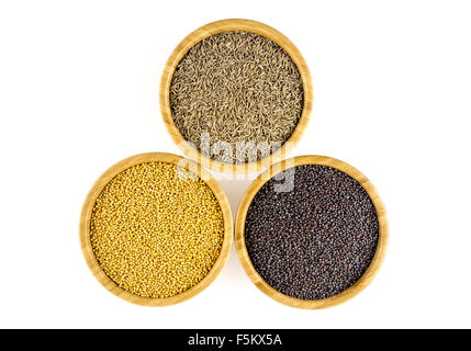 Tasty mustard (yellow, black) and cumin isolated on white Stock Photo