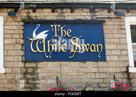 The White Swan Pub welcome sign in central Hebden Bridge, Calderdale, West Yorkshire, England, United Kingdom. Stock Photo