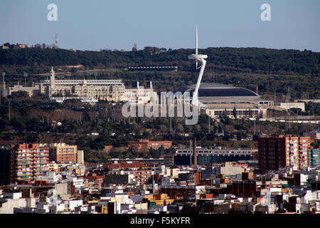 Olympic stadium, Palau Sant Jordi, Torre Calatrava in Barcelona, Catalonia, Spain. Stock Photo