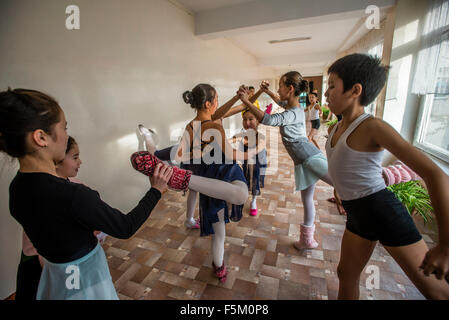 First year students rest during break in Bishkek choreographic school by Bazarbaev, Bishkek, Kyrgyzstan Stock Photo