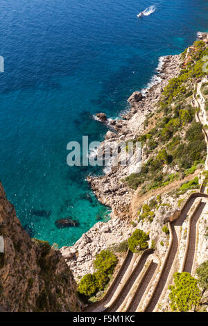 View down to Via Krupp, the paved footpath to Marina Piccola on the Island of Capri, Italy Stock Photo