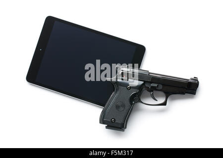 handgun and tablet on white background Stock Photo