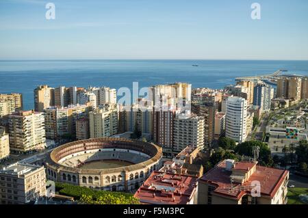 High angle view of bullring and skyscrapers, Malaga, Spain Stock Photo