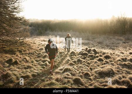 High angle front view of mother, son and dog running on grassland Stock Photo