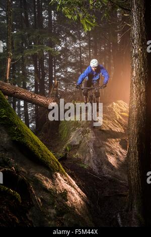 Young male mountain biker riding over forest boulders Stock Photo