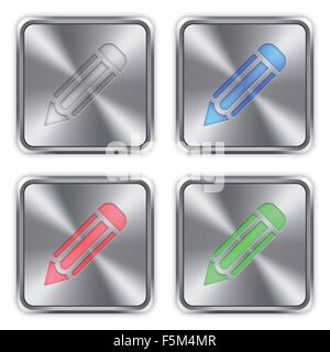 Color pencil icons engraved in glossy steel push buttons. Well organized layer structure, color swatches and graphic styles. Stock Vector