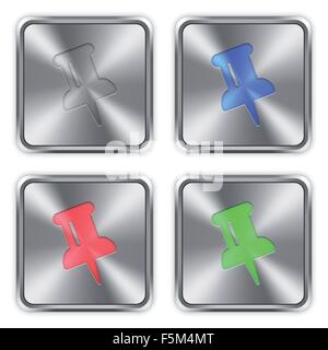 Color pin icons engraved in glossy steel push buttons. Well organized layer structure, color swatches and graphic styles. Stock Vector