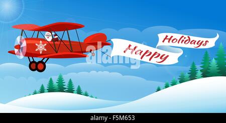 Santa on the plane with banner Happy Holidays. Illustration in cartoon style. Stock Vector