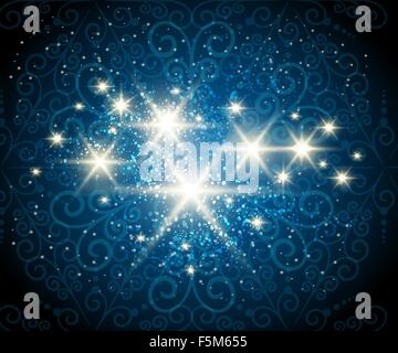 Dark blue background with shining stars against see through swirls pattern Stock Vector