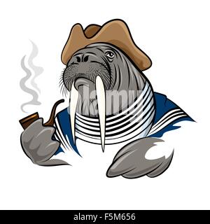 Walrus in seaman clothes with smoking pipe. Illustration in cartoon style. Stock Vector