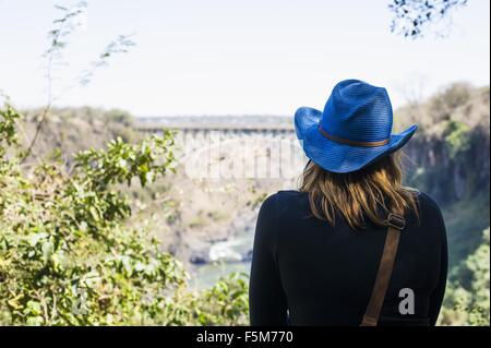 Rear view of young woman looking out at bridge, Victoria Falls, Zambia Stock Photo