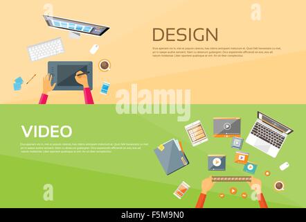 Video Editor Workplace Hands Laptop Player Web Banner Stock Vector