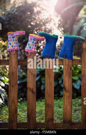 Rubber boots, upturned, on wooden fence posts Stock Photo
