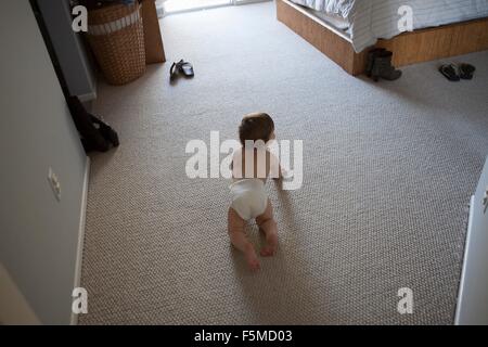 High angle rear view of baby boy wearing nappy crawling on carpet in bedroom Stock Photo