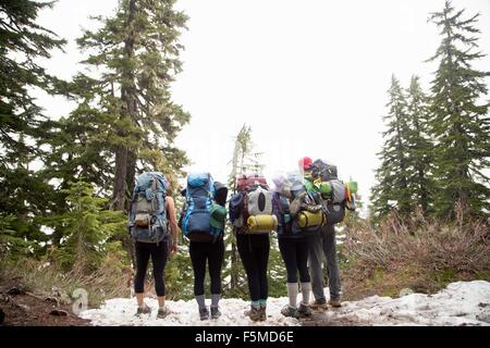 Hikers walking across forest, Lake Blanco, Washington, USA Stock Photo