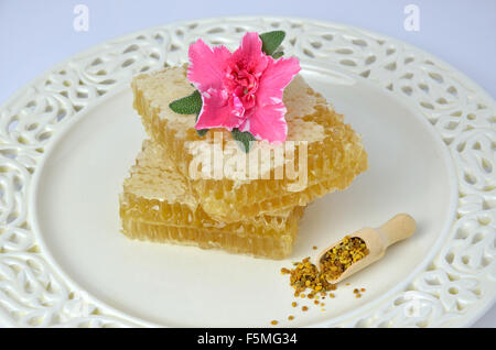 Pieces of honeycomb and fresh pink flower on fine porcelain plate with wooden vintage spoon of pollen beside Stock Photo