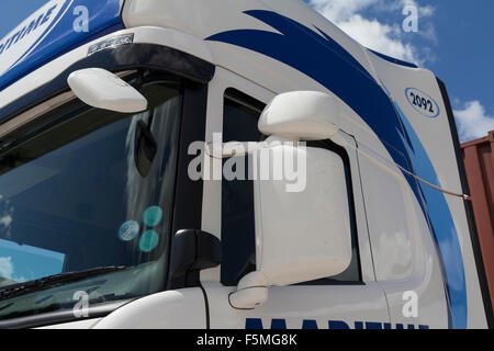 Articulated lorry cab with a selection of mirrors to aid visibility Stock Photo