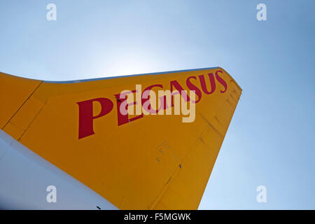 Tail wing and sign against the sky of a Pegasus airplane at Ercan airport Nicosia in Northern Cyprus  KATHY DEWITT Stock Photo