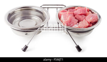 Meat and water for pets in metal bowls isolated on white background. Healthy food for dogs and cats. Stock Photo